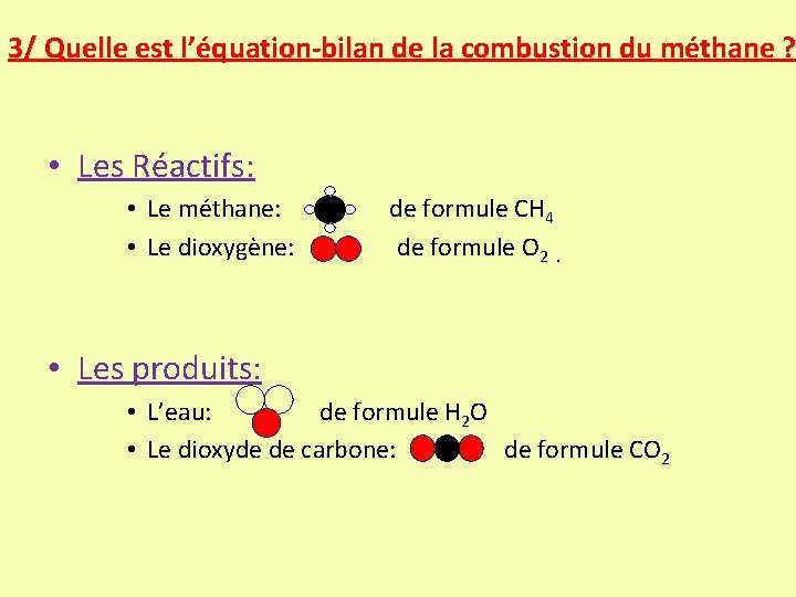 3/ Quelle est l’équation-bilan de la combustion du méthane ? • Les Réactifs: •