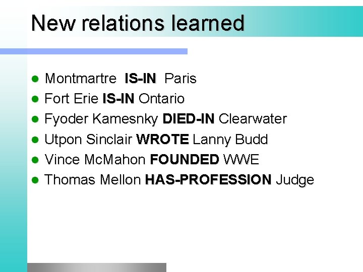 New relations learned l l l Montmartre IS-IN Paris Fort Erie IS-IN Ontario Fyoder