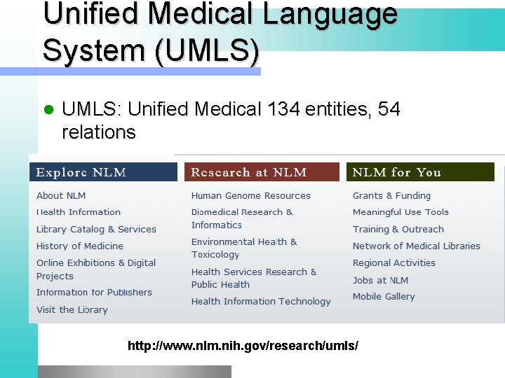 Unified Medical Language System (UMLS) l UMLS: Unified Medical 134 entities, 54 relations http: