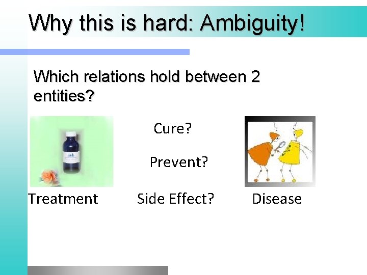 Why this is hard: Ambiguity! Which relations hold between 2 entities? Cure? Prevent? Treatment