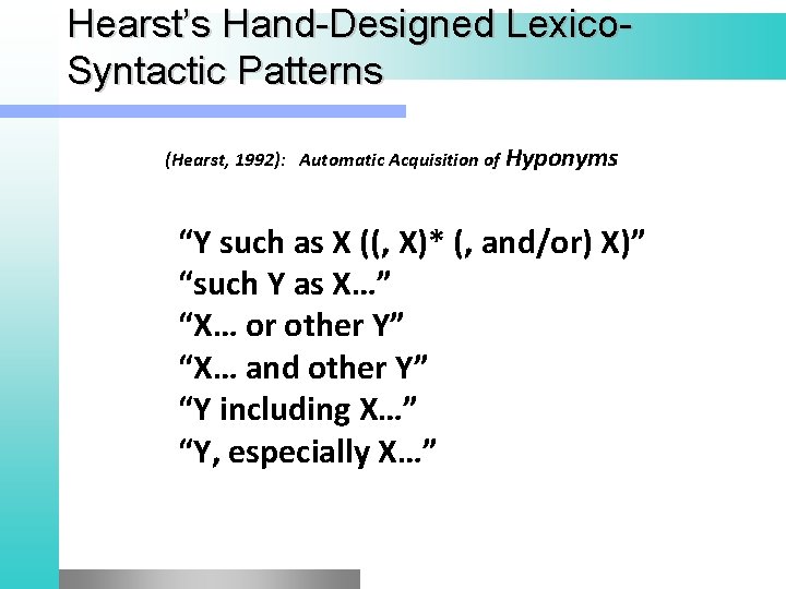 Hearst’s Hand-Designed Lexico. Syntactic Patterns (Hearst, 1992): Automatic Acquisition of Hyponyms “Y such as