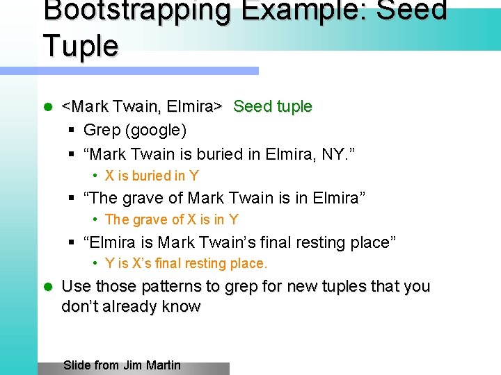 Bootstrapping Example: Seed Tuple l <Mark Twain, Elmira> Seed tuple § Grep (google) §