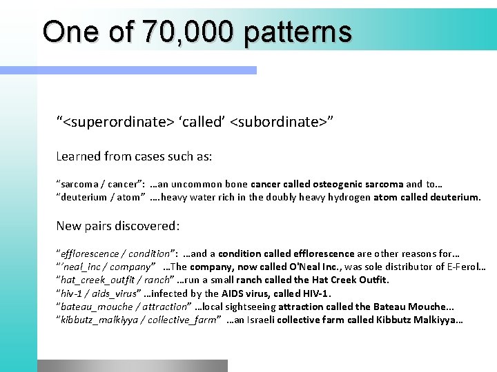 One of 70, 000 patterns “<superordinate> ‘called’ <subordinate>” Learned from cases such as: “sarcoma