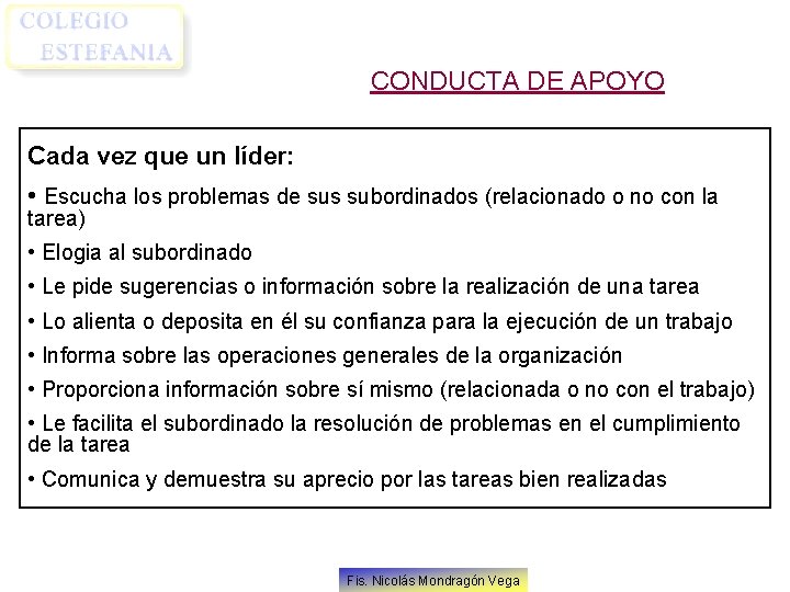 CONDUCTA DE APOYO Cada vez que un líder: • Escucha los problemas de sus