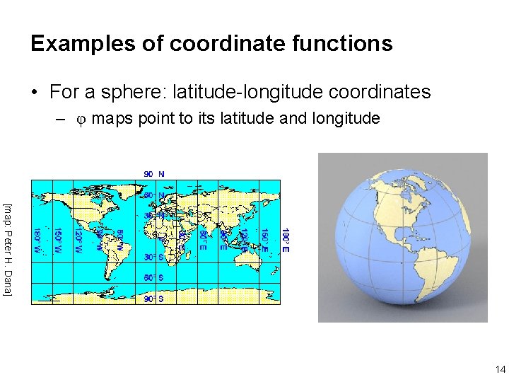 Examples of coordinate functions • For a sphere: latitude-longitude coordinates – φ maps point