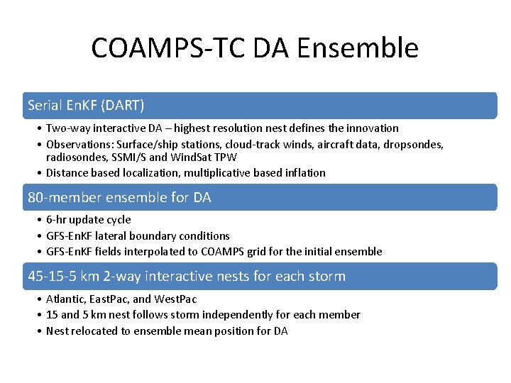 COAMPS-TC DA Ensemble Serial En. KF (DART) • Two-way interactive DA – highest resolution