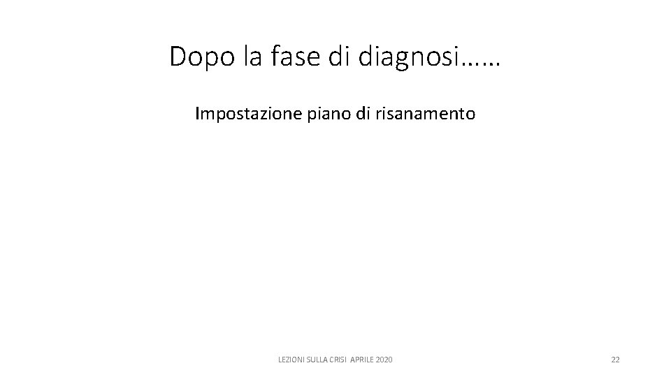 Dopo la fase di diagnosi…… Impostazione piano di risanamento LEZIONI SULLA CRISI APRILE 2020