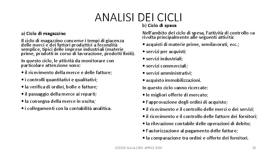 ANALISI DEI CICLI b) Ciclo di spesa a) Ciclo di magazzino Il ciclo di