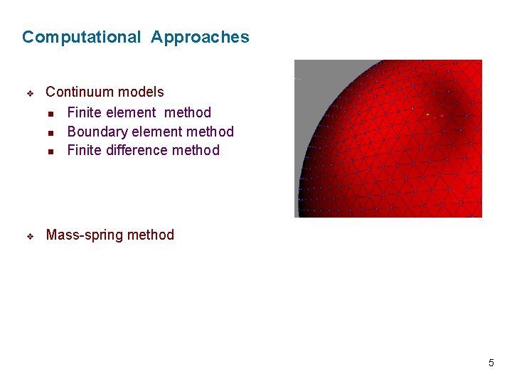 Computational Approaches v v Continuum models n Finite element method n Boundary element method