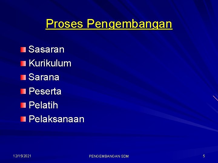 Proses Pengembangan Sasaran Kurikulum Sarana Peserta Pelatih Pelaksanaan 12/15/2021 PENGEMBANGAN SDM 5 