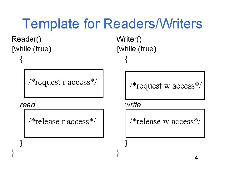 Template for Readers/Writers Reader() {while (true) { Writer() {while (true) { /*request r access*/