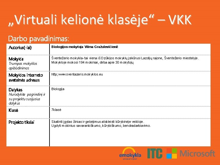 „Virtuali kelionė klasėje“ – VKK Darbo pavadinimas: Autorius(-iai) Biologijos mokytoja Vilma Gražulevičienė Mokykla Šventežerio