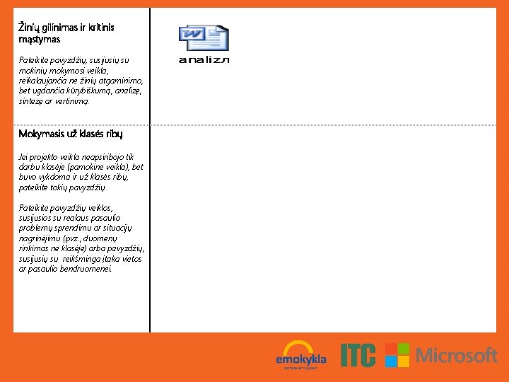 Žinių gilinimas ir kritinis mąstymas Pateikite pavyzdžių, susijusių su mokinių mokymosi veikla, reikalaujančia ne