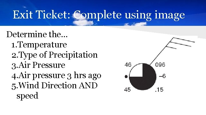 Exit Ticket: Complete using image Determine the… 1. Temperature 2. Type of Precipitation 3.