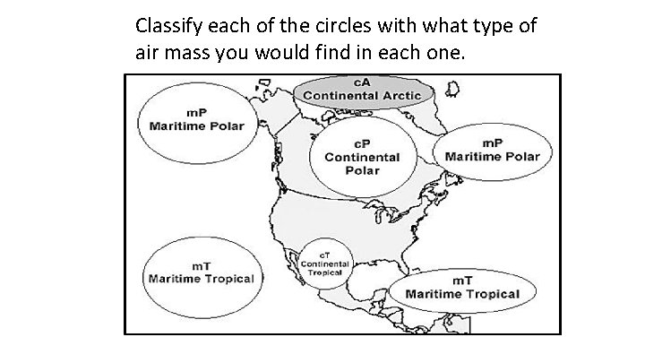 Classify each of the circles with what type of air mass you would find