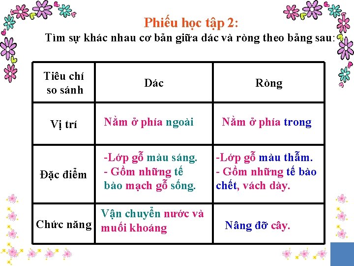 Phiếu học tập 2: Tìm sự khác nhau cơ bản giữa dác và ròng