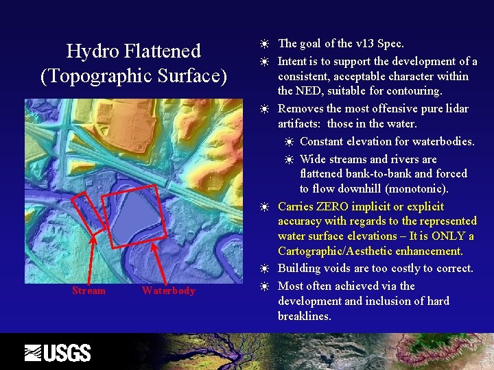 Hydro Flattened (Topographic Surface) ☀ ☀ ☀ Stream Waterbody ☀ The goal of the