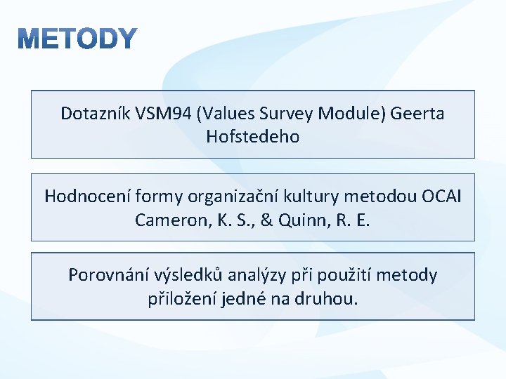 Dotazník VSM 94 (Values Survey Module) Geerta Hofstedeho Hodnocení formy organizační kultury metodou OCAI