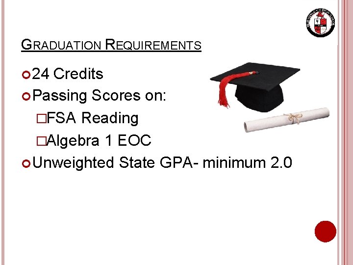GRADUATION REQUIREMENTS 24 Credits Passing Scores on: �FSA Reading �Algebra 1 EOC Unweighted State
