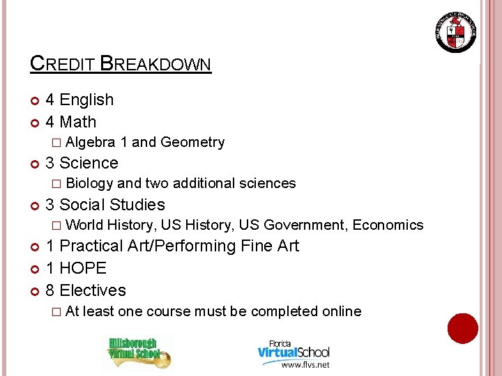 CREDIT BREAKDOWN 4 English 4 Math � Algebra 3 Science � Biology 1 and