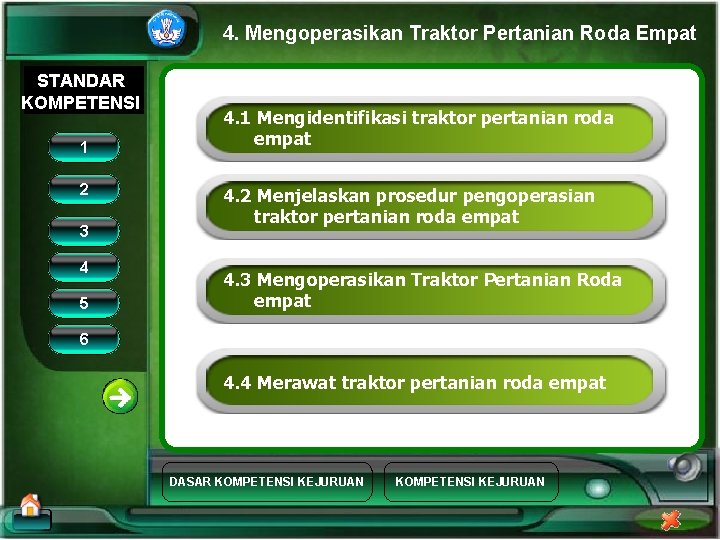 4. Mengoperasikan Traktor Pertanian Roda Empat STANDAR KOMPETENSI 1 2 3 4 5 4.