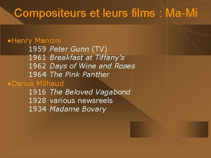 Compositeurs et leurs films : Ma-Mi • Henry Mancini 1959 Peter Gunn (TV) 1961