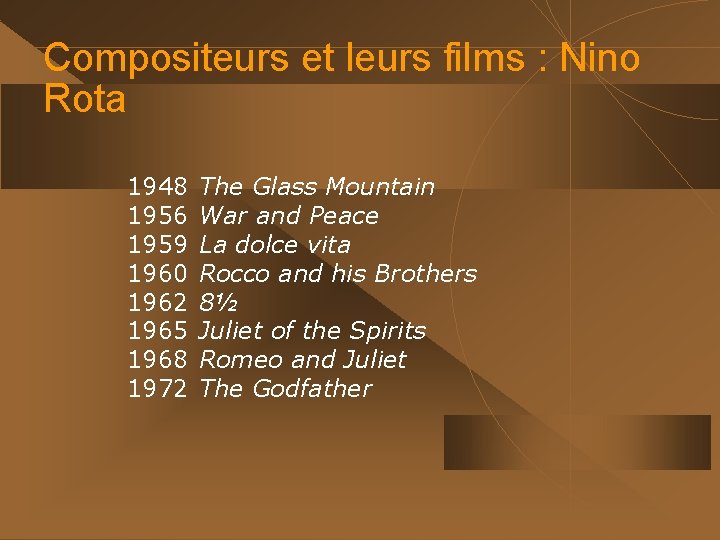 Compositeurs et leurs films : Nino Rota 1948 1956 1959 1960 1962 1965 1968