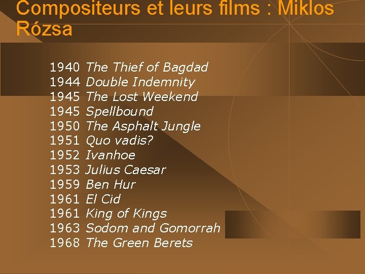 Compositeurs et leurs films : Miklos Rózsa 1940 1944 1945 1950 1951 1952 1953