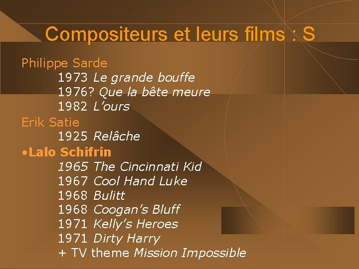 Compositeurs et leurs films : S Philippe Sarde 1973 Le grande bouffe 1976? Que