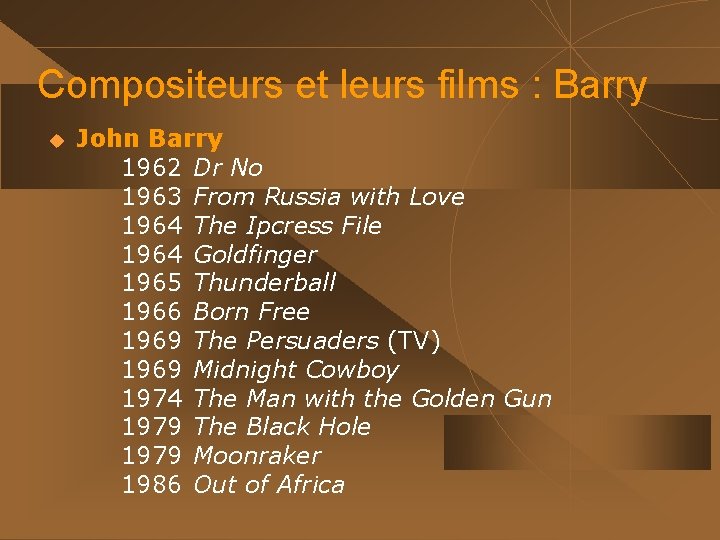 Compositeurs et leurs films : Barry u John Barry 1962 Dr No 1963 From