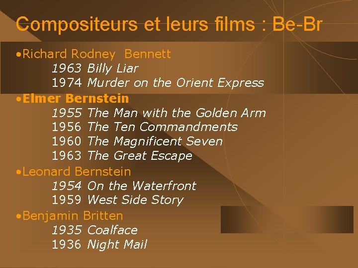 Compositeurs et leurs films : Be-Br • Richard Rodney Bennett 1963 Billy Liar 1974