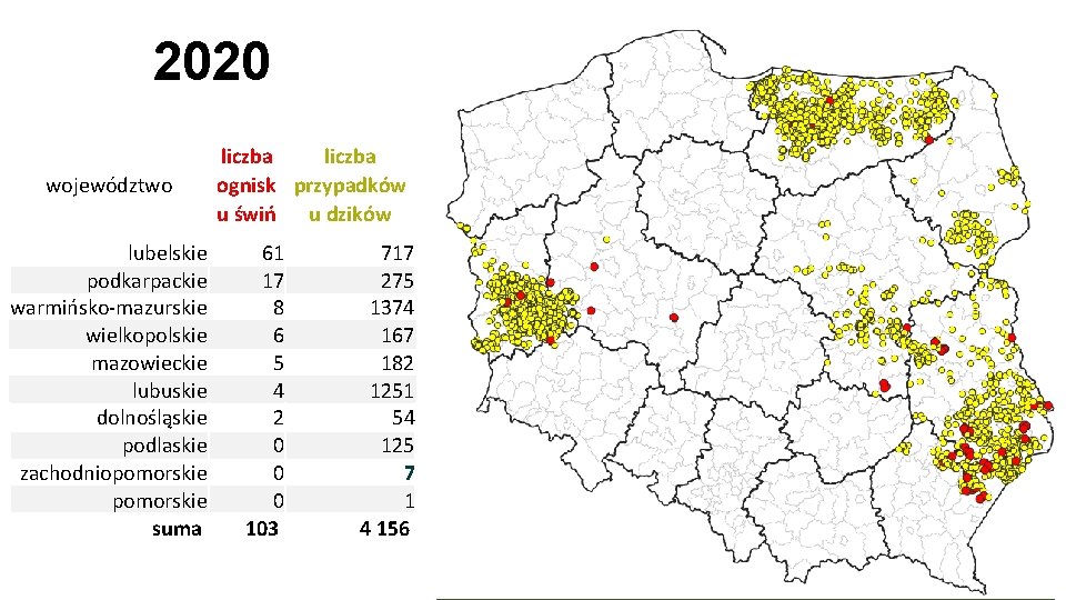 2020 województwo lubelskie podkarpackie warmińsko-mazurskie wielkopolskie mazowieckie lubuskie dolnośląskie podlaskie zachodniopomorskie suma liczba ognisk