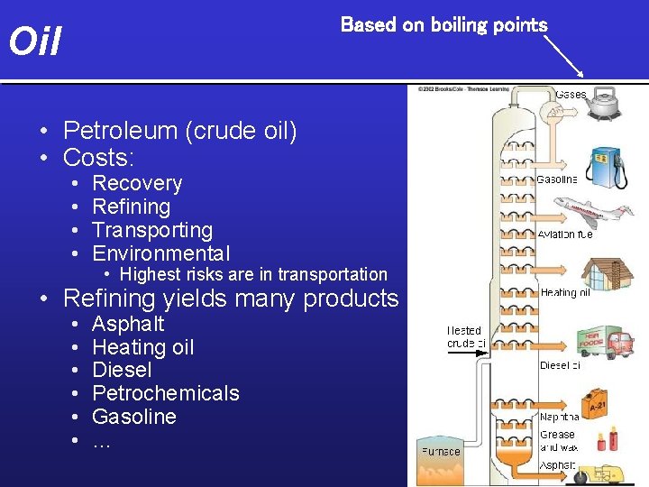 Based on boiling points Oil • Petroleum (crude oil) • Costs: • • Recovery
