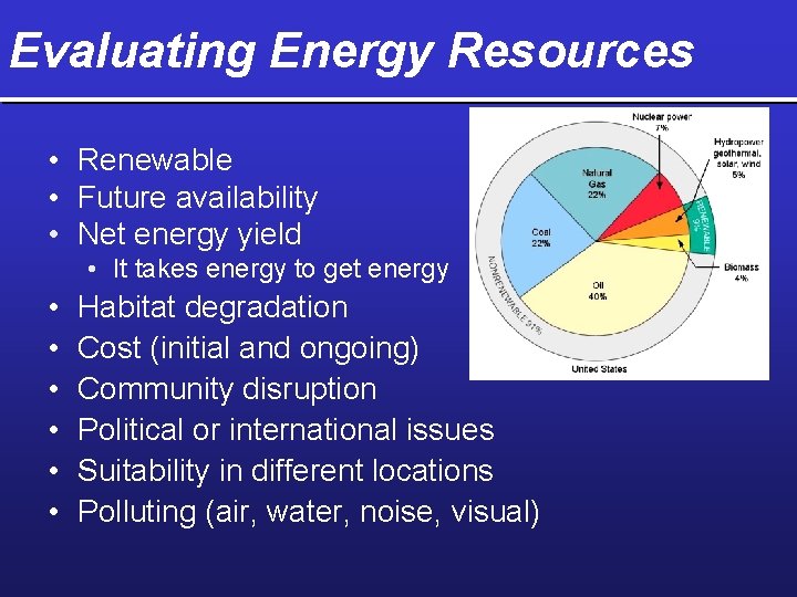 Evaluating Energy Resources • Renewable • Future availability • Net energy yield • It