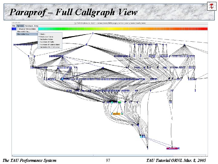 Paraprof – Full Callgraph View The TAU Performance System 97 TAU Tutorial ORNL Mar.