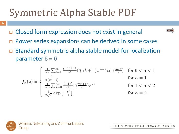 Symmetric Alpha Stable PDF 30 Closed form expression does not exist in general Power