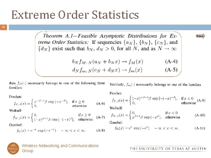 Extreme Order Statistics 40 Return Wireless Networking and Communications Group 