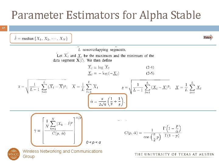 Parameter Estimators for Alpha Stable 41 Return 0<p<α Wireless Networking and Communications Group 
