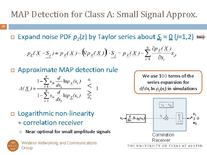 MAP Detection for Class A: Small Signal Approx. 49 Expand noise PDF p. Z(z)