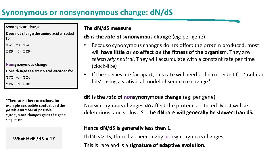 Synonymous or nonsynonymous change: d. N/d. S Synonymous change Does not change the amino