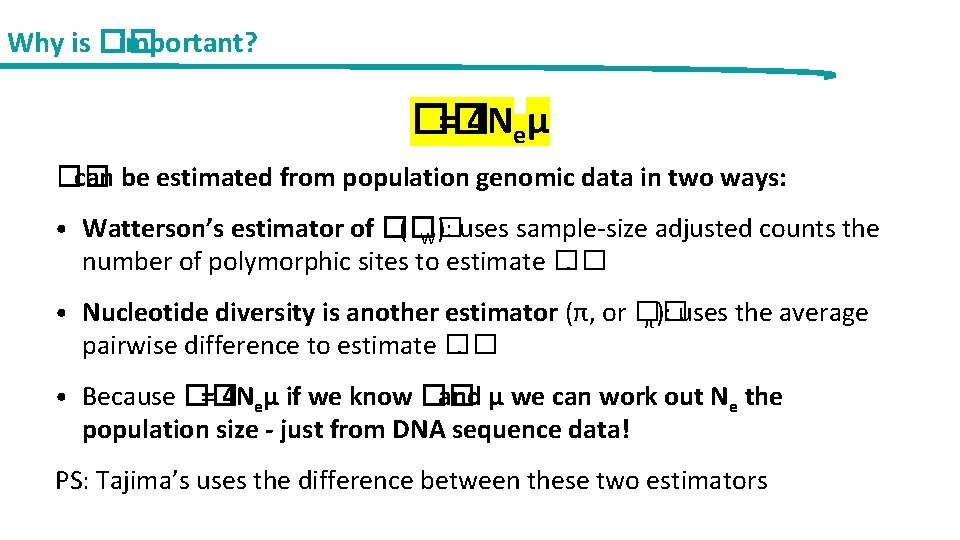 Why is �� important? �� = 4 Neμ �� can be estimated from population