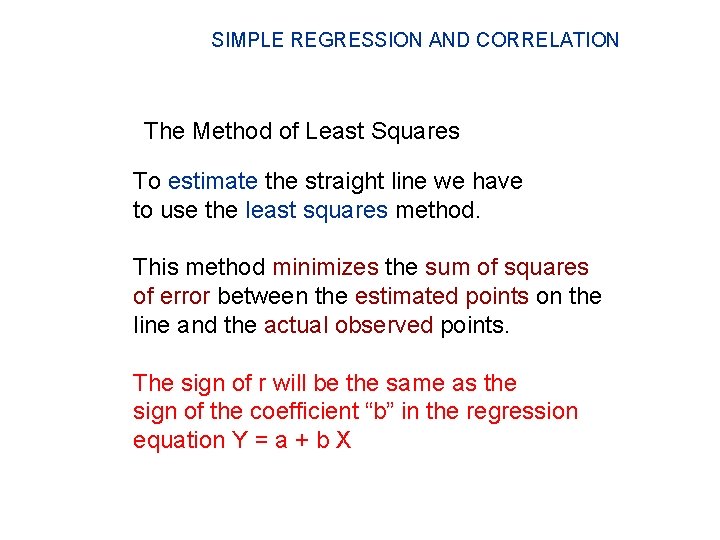 SIMPLE REGRESSION AND CORRELATION The Method of Least Squares To estimate the straight line