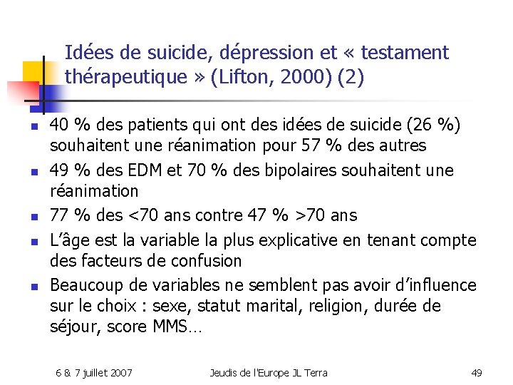 Idées de suicide, dépression et « testament thérapeutique » (Lifton, 2000) (2) n n