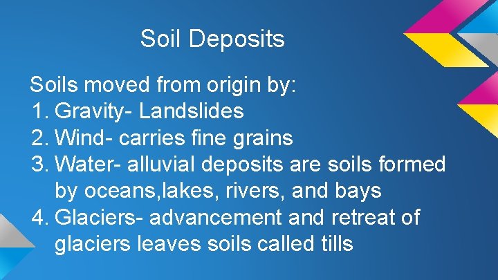 Soil Deposits Soils moved from origin by: 1. Gravity- Landslides 2. Wind- carries fine