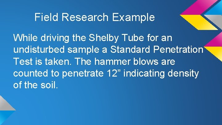 Field Research Example While driving the Shelby Tube for an undisturbed sample a Standard