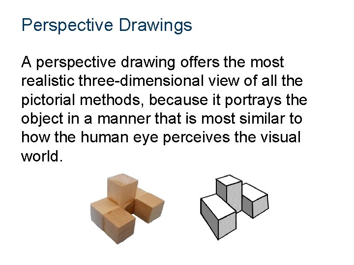 Perspective Drawings A perspective drawing offers the most realistic three-dimensional view of all the