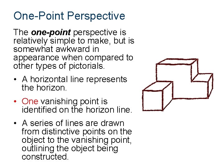 One-Point Perspective The one-point perspective is relatively simple to make, but is somewhat awkward
