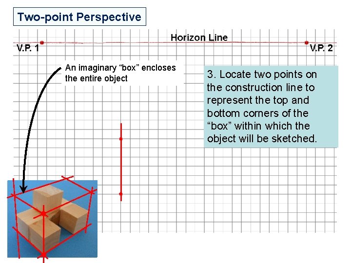 Two-point Perspective An imaginary “box” encloses the entire object 3. Locate two points on