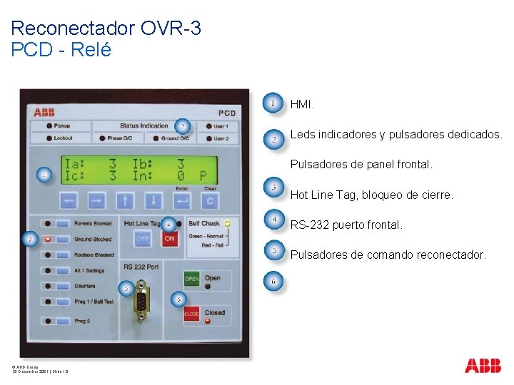 Reconectador OVR-3 PCD - Relé HMI. Leds indicadores y pulsadores dedicados. Pulsadores de panel