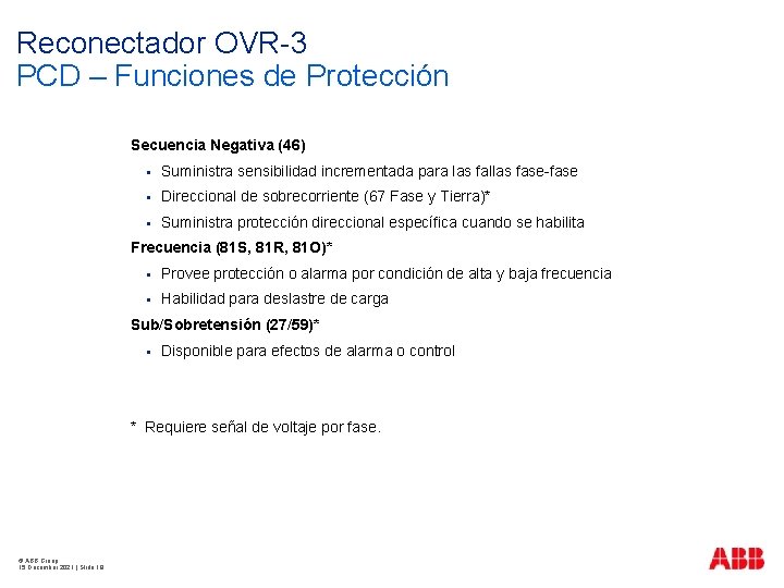 Reconectador OVR-3 PCD – Funciones de Protección Secuencia Negativa (46) § Suministra sensibilidad incrementada